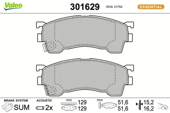 Bremsbelagsatz, Scheibenbremse Vorderachse VALEO 301629 Bild Bremsbelagsatz, Scheibenbremse Vorderachse VALEO 301629