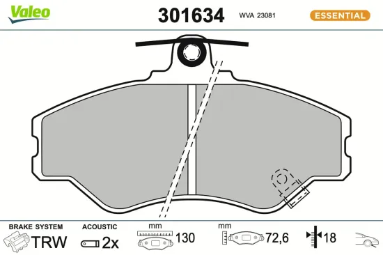 Bremsbelagsatz, Scheibenbremse Vorderachse VALEO 301634 Bild Bremsbelagsatz, Scheibenbremse Vorderachse VALEO 301634