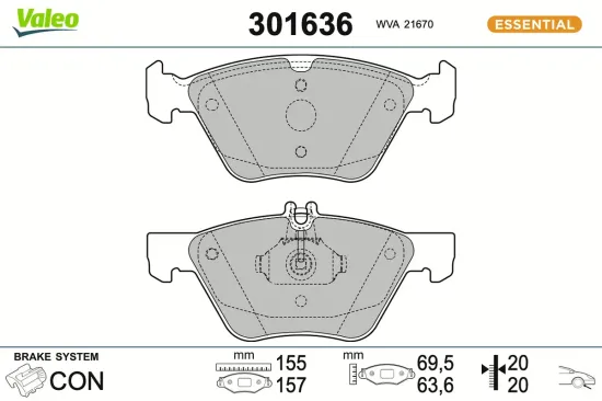 Bremsbelagsatz, Scheibenbremse Vorderachse VALEO 301636 Bild Bremsbelagsatz, Scheibenbremse Vorderachse VALEO 301636