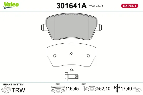 Bremsbelagsatz, Scheibenbremse Vorderachse VALEO 301641A Bild Bremsbelagsatz, Scheibenbremse Vorderachse VALEO 301641A