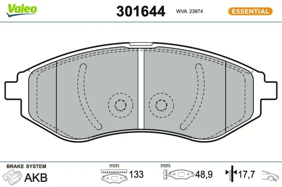 Bremsbelagsatz, Scheibenbremse Vorderachse VALEO 301644 Bild Bremsbelagsatz, Scheibenbremse Vorderachse VALEO 301644