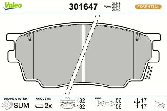 Bremsbelagsatz, Scheibenbremse Vorderachse VALEO 301647 Bild Bremsbelagsatz, Scheibenbremse Vorderachse VALEO 301647