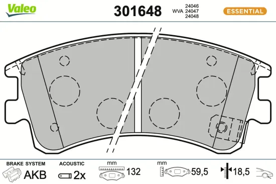 Bremsbelagsatz, Scheibenbremse Vorderachse VALEO 301648 Bild Bremsbelagsatz, Scheibenbremse Vorderachse VALEO 301648