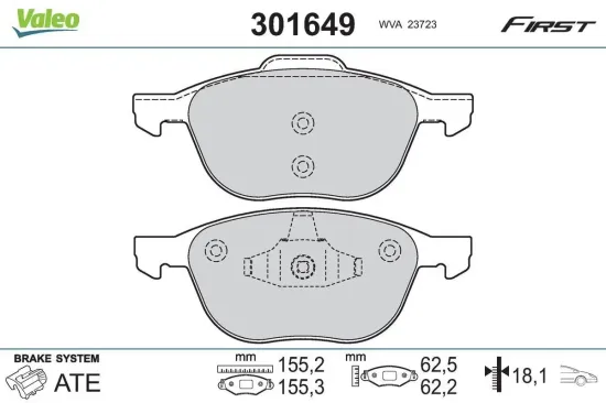 Bremsbelagsatz, Scheibenbremse VALEO 301649 Bild Bremsbelagsatz, Scheibenbremse VALEO 301649