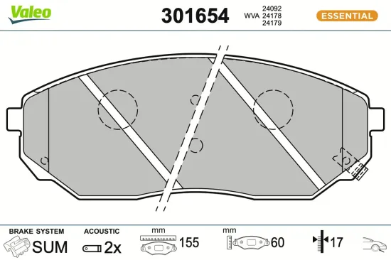 Bremsbelagsatz, Scheibenbremse Vorderachse VALEO 301654 Bild Bremsbelagsatz, Scheibenbremse Vorderachse VALEO 301654