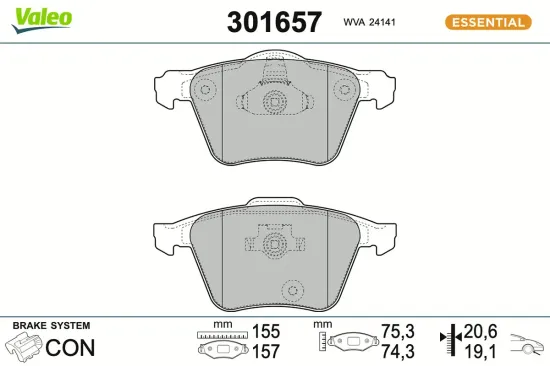 Bremsbelagsatz, Scheibenbremse Vorderachse VALEO 301657 Bild Bremsbelagsatz, Scheibenbremse Vorderachse VALEO 301657