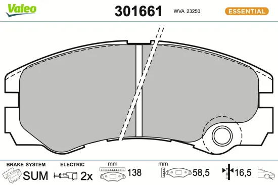 Bremsbelagsatz, Scheibenbremse Vorderachse VALEO 301661 Bild Bremsbelagsatz, Scheibenbremse Vorderachse VALEO 301661
