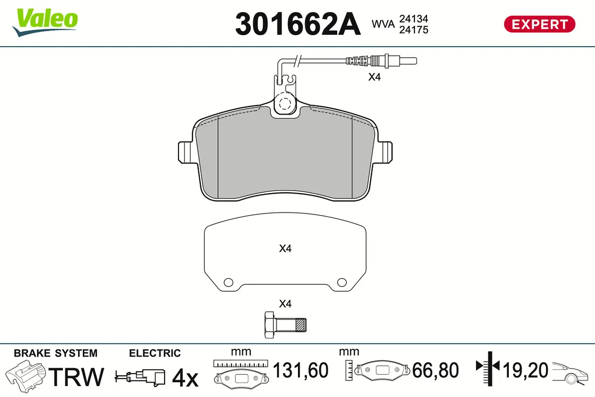Bremsbelagsatz, Scheibenbremse Vorderachse VALEO 301662A
