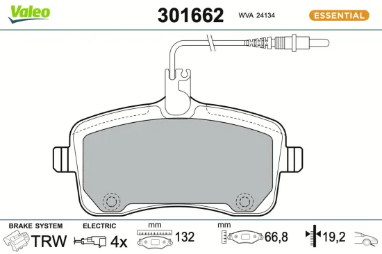 Bremsbelagsatz, Scheibenbremse Vorderachse VALEO 301662 Bild Bremsbelagsatz, Scheibenbremse Vorderachse VALEO 301662