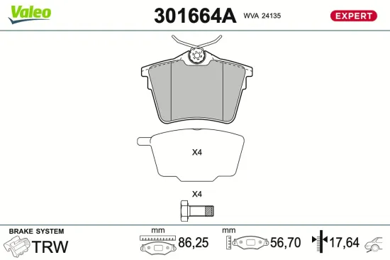 Bremsbelagsatz, Scheibenbremse Hinterachse VALEO 301664A Bild Bremsbelagsatz, Scheibenbremse Hinterachse VALEO 301664A