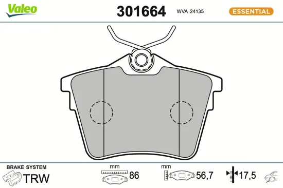 Bremsbelagsatz, Scheibenbremse Hinterachse VALEO 301664 Bild Bremsbelagsatz, Scheibenbremse Hinterachse VALEO 301664
