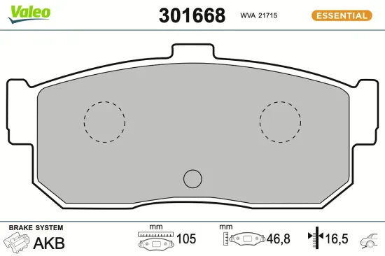 Bremsbelagsatz, Scheibenbremse Hinterachse VALEO 301668 Bild Bremsbelagsatz, Scheibenbremse Hinterachse VALEO 301668