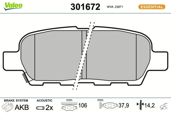 Bremsbelagsatz, Scheibenbremse Hinterachse VALEO 301672 Bild Bremsbelagsatz, Scheibenbremse Hinterachse VALEO 301672