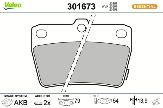 Bremsbelagsatz, Scheibenbremse Hinterachse VALEO 301673 Bild Bremsbelagsatz, Scheibenbremse Hinterachse VALEO 301673