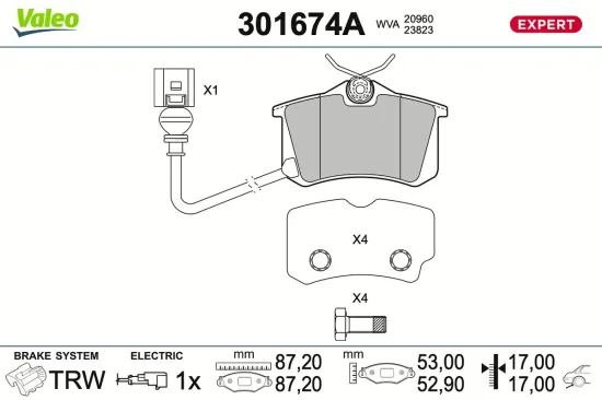 Bremsbelagsatz, Scheibenbremse Hinterachse VALEO 301674A Bild Bremsbelagsatz, Scheibenbremse Hinterachse VALEO 301674A