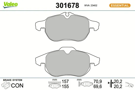 Bremsbelagsatz, Scheibenbremse Vorderachse VALEO 301678 Bild Bremsbelagsatz, Scheibenbremse Vorderachse VALEO 301678