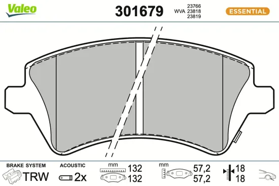 Bremsbelagsatz, Scheibenbremse Vorderachse VALEO 301679 Bild Bremsbelagsatz, Scheibenbremse Vorderachse VALEO 301679