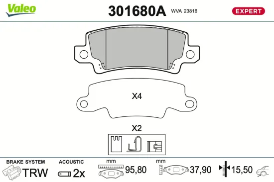 Bremsbelagsatz, Scheibenbremse Hinterachse VALEO 301680A Bild Bremsbelagsatz, Scheibenbremse Hinterachse VALEO 301680A