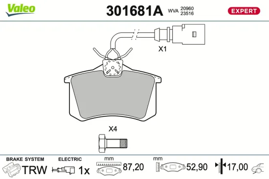 Bremsbelagsatz, Scheibenbremse Hinterachse VALEO 301681A Bild Bremsbelagsatz, Scheibenbremse Hinterachse VALEO 301681A