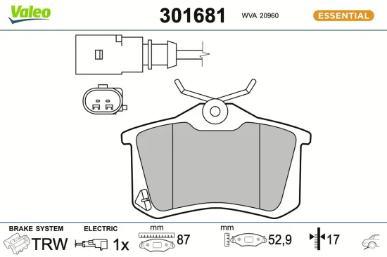 Bremsbelagsatz, Scheibenbremse Hinterachse VALEO 301681 Bild Bremsbelagsatz, Scheibenbremse Hinterachse VALEO 301681