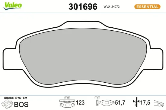 Bremsbelagsatz, Scheibenbremse Vorderachse VALEO 301696 Bild Bremsbelagsatz, Scheibenbremse Vorderachse VALEO 301696