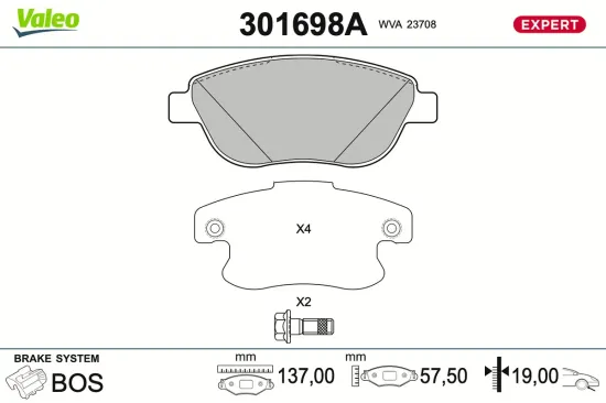 Bremsbelagsatz, Scheibenbremse Vorderachse VALEO 301698A Bild Bremsbelagsatz, Scheibenbremse Vorderachse VALEO 301698A