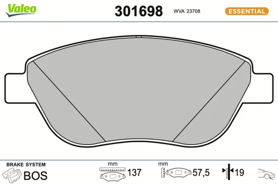 Bremsbelagsatz, Scheibenbremse Vorderachse VALEO 301698 Bild Bremsbelagsatz, Scheibenbremse Vorderachse VALEO 301698