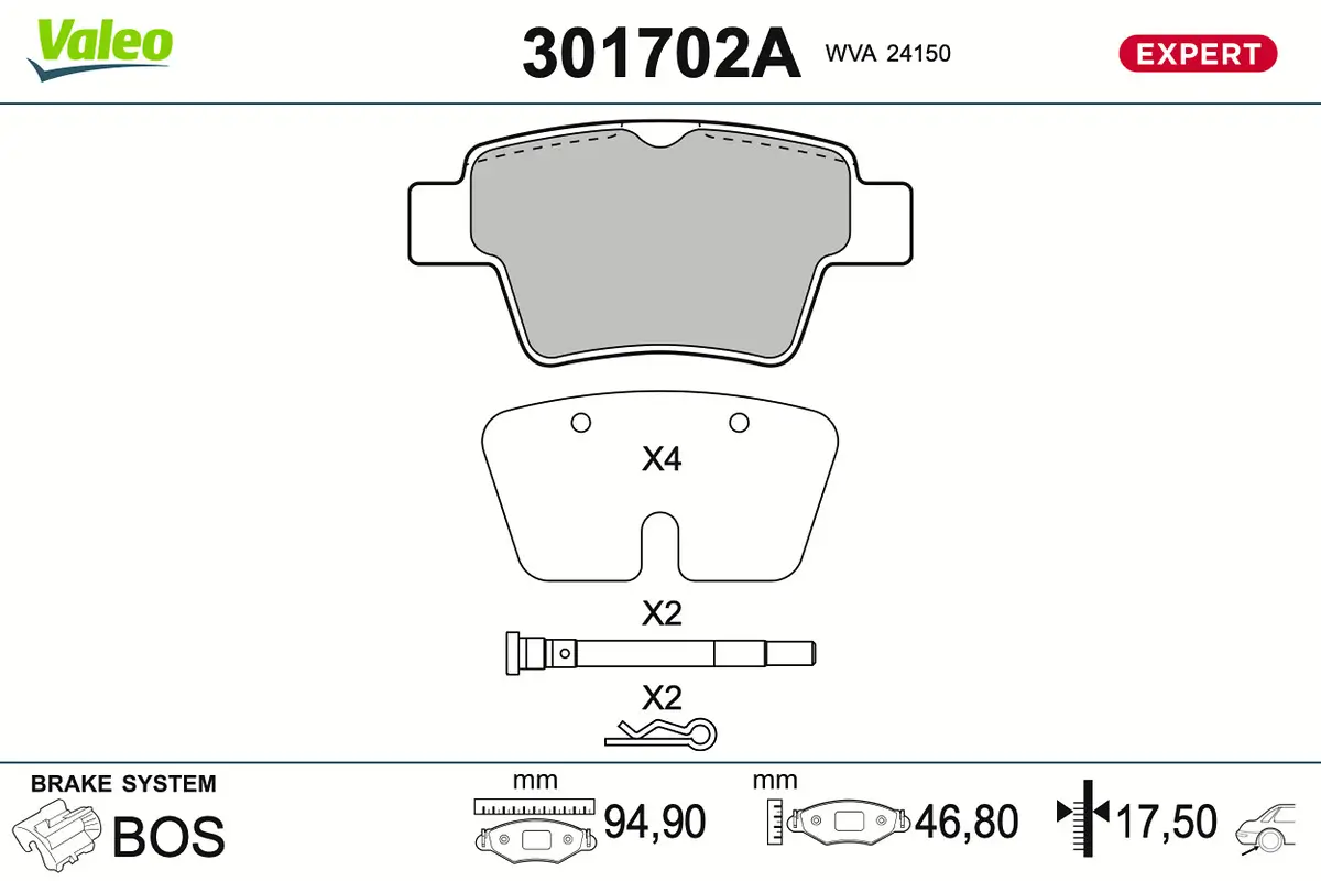 Bremsbelagsatz, Scheibenbremse Hinterachse VALEO 301702A
