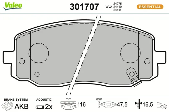 Bremsbelagsatz, Scheibenbremse Vorderachse VALEO 301707 Bild Bremsbelagsatz, Scheibenbremse Vorderachse VALEO 301707