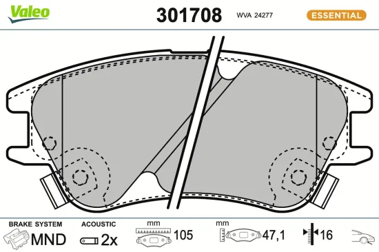 Bremsbelagsatz, Scheibenbremse Vorderachse VALEO 301708 Bild Bremsbelagsatz, Scheibenbremse Vorderachse VALEO 301708