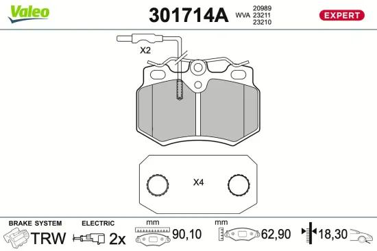 Bremsbelagsatz, Scheibenbremse Vorderachse VALEO 301714A Bild Bremsbelagsatz, Scheibenbremse Vorderachse VALEO 301714A