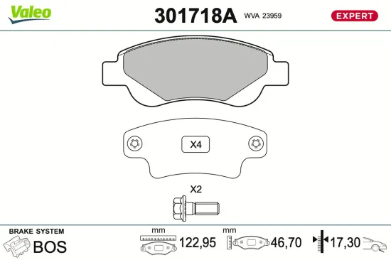 Bremsbelagsatz, Scheibenbremse Vorderachse VALEO 301718A Bild Bremsbelagsatz, Scheibenbremse Vorderachse VALEO 301718A