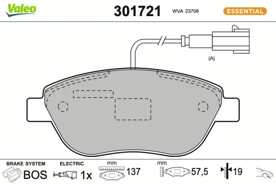 Bremsbelagsatz, Scheibenbremse Vorderachse VALEO 301721 Bild Bremsbelagsatz, Scheibenbremse Vorderachse VALEO 301721