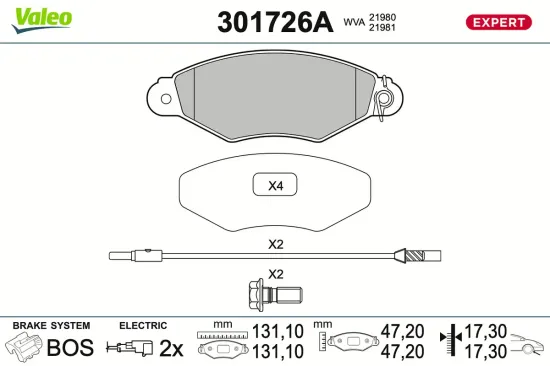 Bremsbelagsatz, Scheibenbremse Vorderachse VALEO 301726A Bild Bremsbelagsatz, Scheibenbremse Vorderachse VALEO 301726A