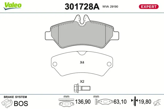Bremsbelagsatz, Scheibenbremse Hinterachse VALEO 301728A Bild Bremsbelagsatz, Scheibenbremse Hinterachse VALEO 301728A