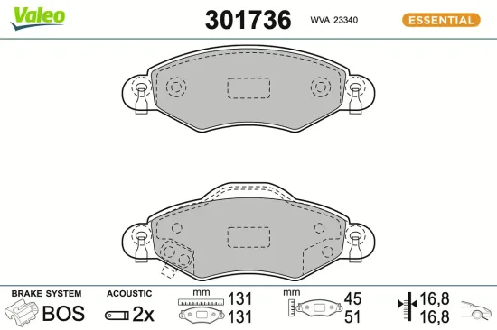 Bremsbelagsatz, Scheibenbremse Vorderachse VALEO 301736 Bild Bremsbelagsatz, Scheibenbremse Vorderachse VALEO 301736