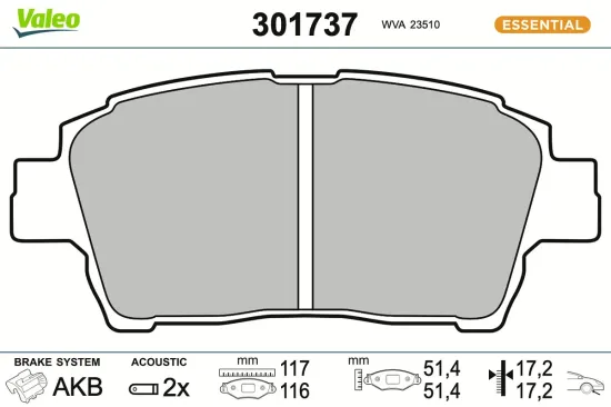 Bremsbelagsatz, Scheibenbremse Vorderachse VALEO 301737 Bild Bremsbelagsatz, Scheibenbremse Vorderachse VALEO 301737