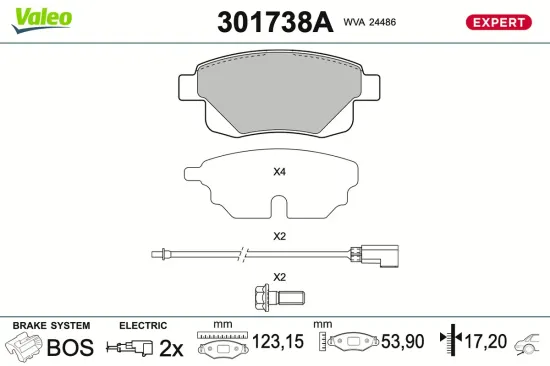 Bremsbelagsatz, Scheibenbremse Hinterachse VALEO 301738A Bild Bremsbelagsatz, Scheibenbremse Hinterachse VALEO 301738A