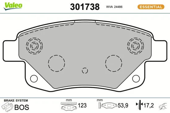 Bremsbelagsatz, Scheibenbremse Hinterachse VALEO 301738 Bild Bremsbelagsatz, Scheibenbremse Hinterachse VALEO 301738
