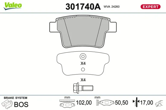 Bremsbelagsatz, Scheibenbremse Hinterachse VALEO 301740A Bild Bremsbelagsatz, Scheibenbremse Hinterachse VALEO 301740A