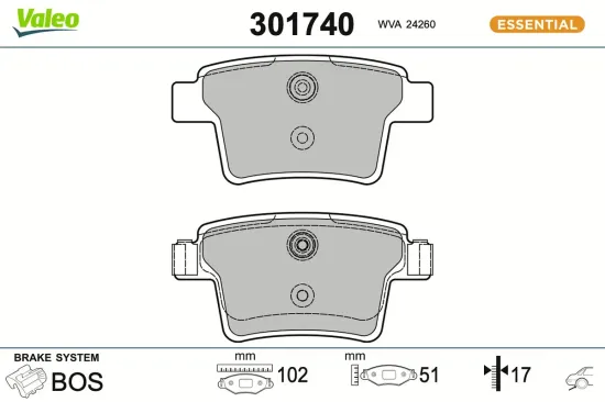 Bremsbelagsatz, Scheibenbremse Hinterachse VALEO 301740 Bild Bremsbelagsatz, Scheibenbremse Hinterachse VALEO 301740