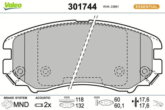 Bremsbelagsatz, Scheibenbremse Vorderachse VALEO 301744 Bild Bremsbelagsatz, Scheibenbremse Vorderachse VALEO 301744