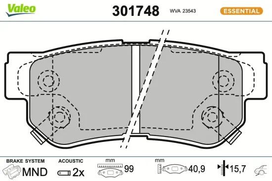 Bremsbelagsatz, Scheibenbremse Hinterachse VALEO 301748 Bild Bremsbelagsatz, Scheibenbremse Hinterachse VALEO 301748