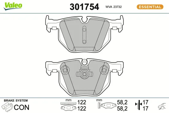 Bremsbelagsatz, Scheibenbremse Hinterachse VALEO 301754 Bild Bremsbelagsatz, Scheibenbremse Hinterachse VALEO 301754