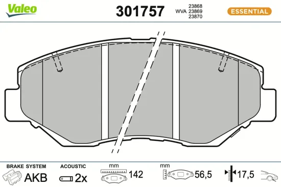 Bremsbelagsatz, Scheibenbremse Vorderachse VALEO 301757 Bild Bremsbelagsatz, Scheibenbremse Vorderachse VALEO 301757