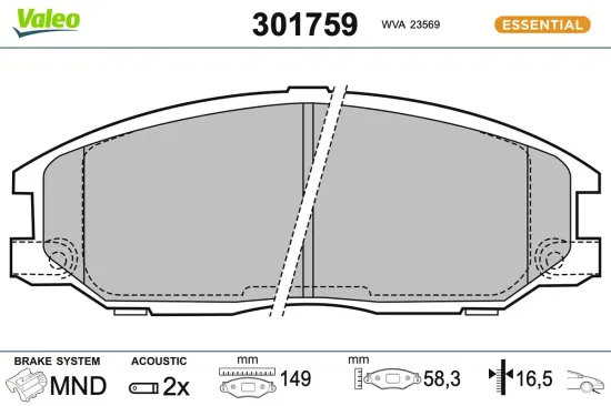 Bremsbelagsatz, Scheibenbremse Vorderachse VALEO 301759 Bild Bremsbelagsatz, Scheibenbremse Vorderachse VALEO 301759