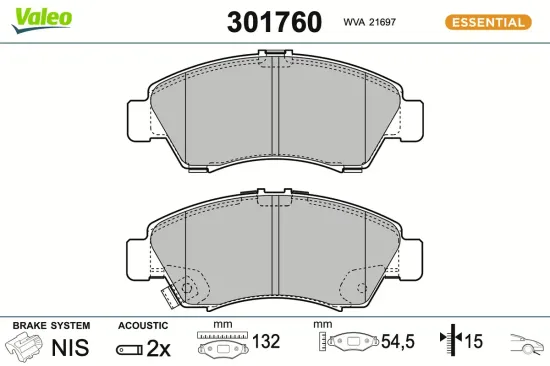 Bremsbelagsatz, Scheibenbremse Vorderachse VALEO 301760 Bild Bremsbelagsatz, Scheibenbremse Vorderachse VALEO 301760