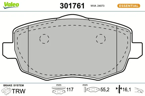 Bremsbelagsatz, Scheibenbremse Vorderachse VALEO 301761 Bild Bremsbelagsatz, Scheibenbremse Vorderachse VALEO 301761
