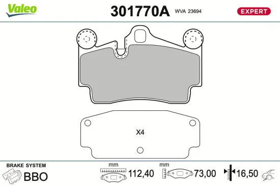 Bremsbelagsatz, Scheibenbremse Hinterachse VALEO 301770A Bild Bremsbelagsatz, Scheibenbremse Hinterachse VALEO 301770A