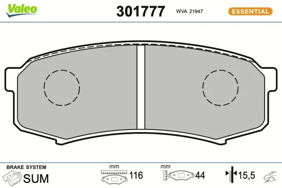 Bremsbelagsatz, Scheibenbremse Hinterachse VALEO 301777 Bild Bremsbelagsatz, Scheibenbremse Hinterachse VALEO 301777